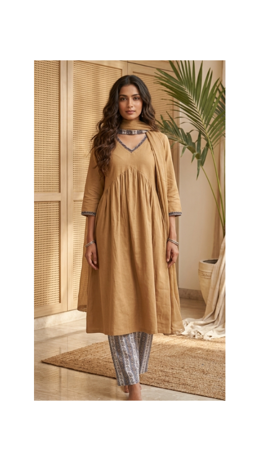 Mustard Yellow Gathered Tunic Set with Handblock Printed Pant