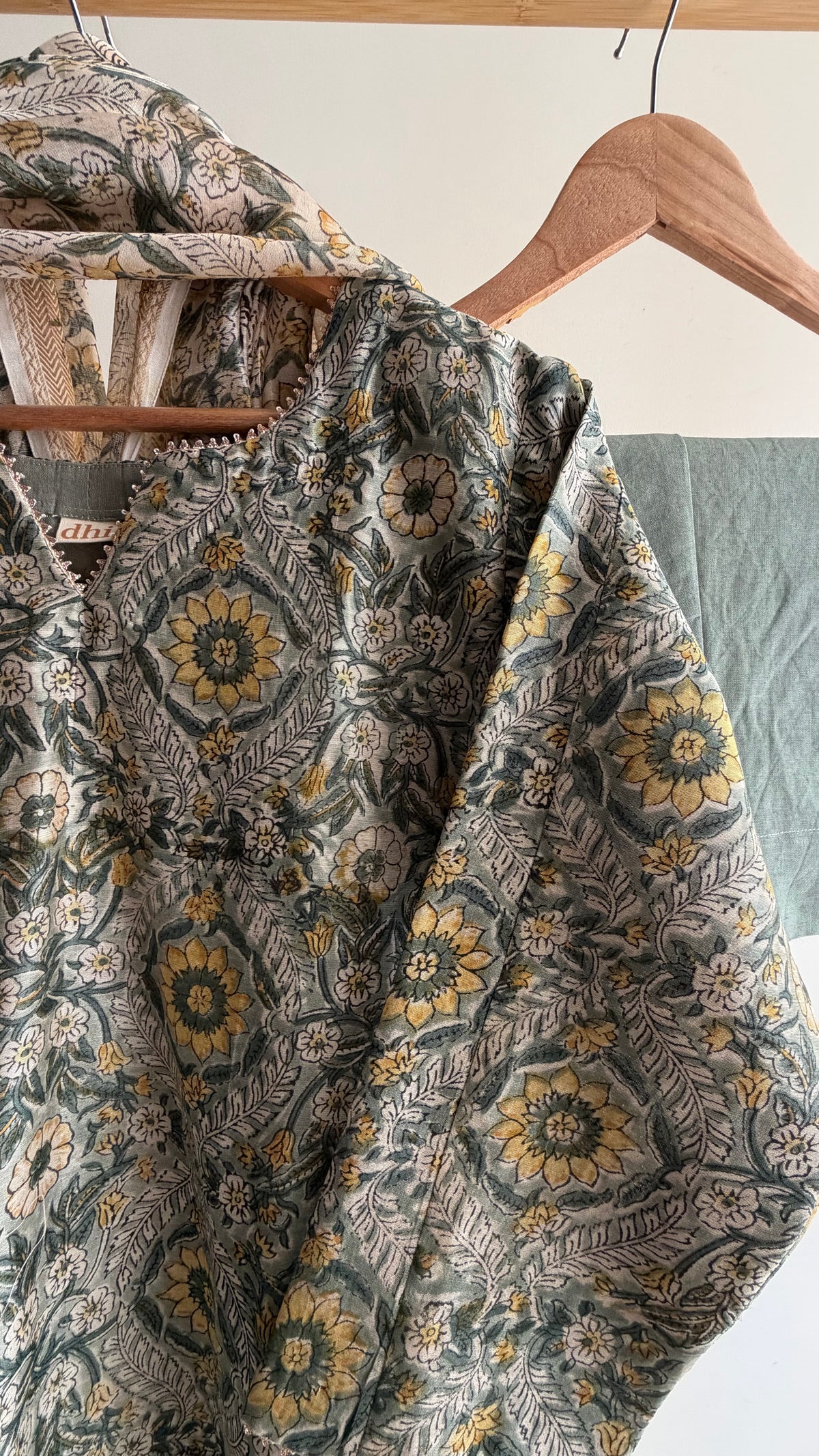 Sage Green Handblock Printed Maheshwari Silk Set
