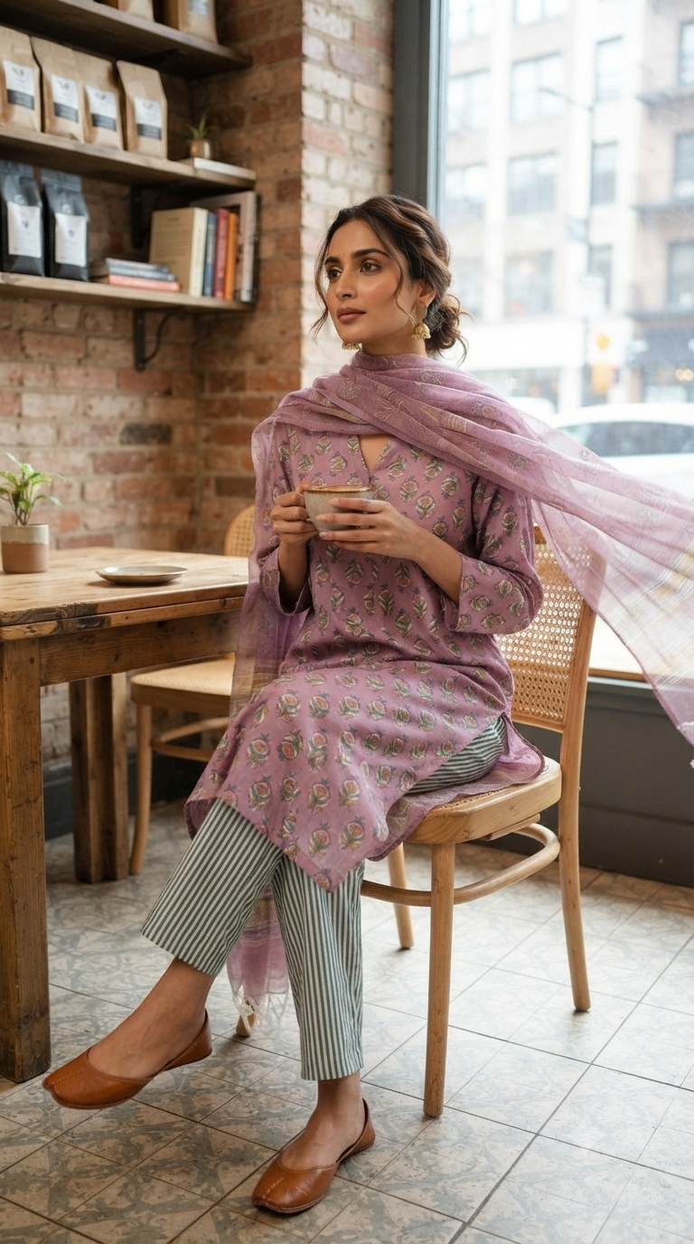 Mauve Butti & Green Stripe Hand block Printed Set