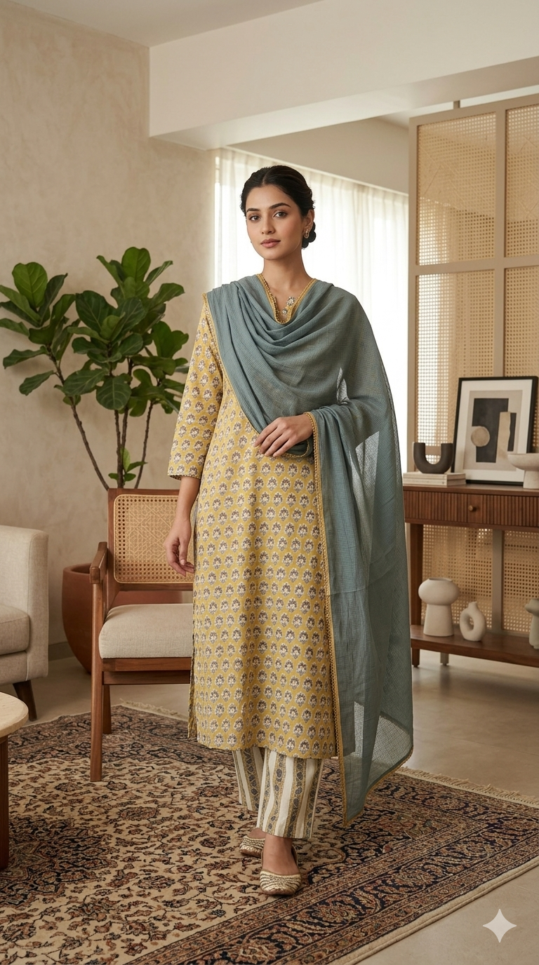 Mustard Yellow Hand-Block Printed Cotton Kurta Set with Slate Blue Dupatta