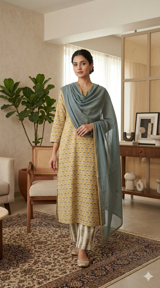 Mustard Yellow Hand-Block Printed Cotton Kurta Set with Slate Blue Dupatta