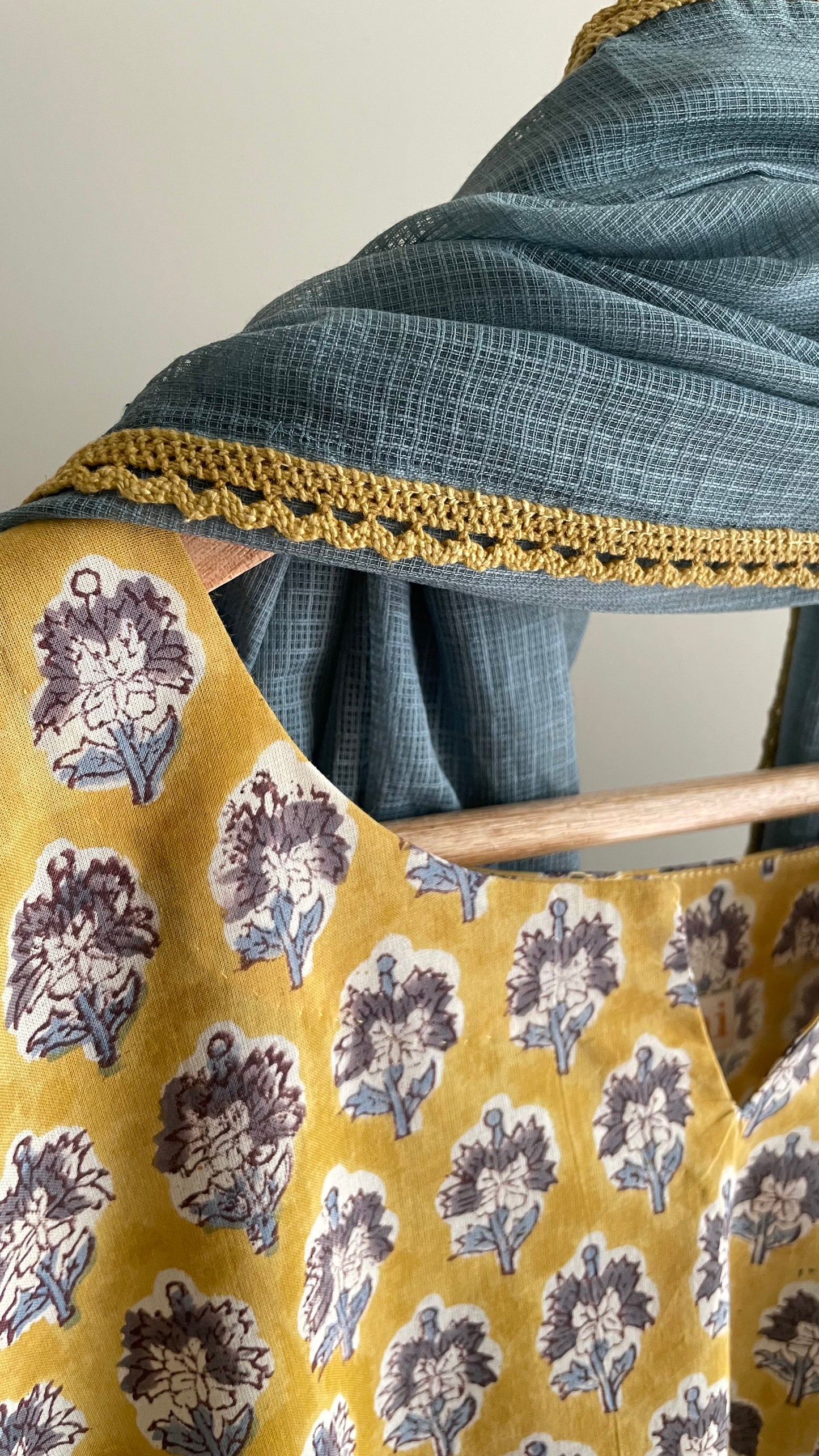 Mustard Yellow Hand-Block Printed Cotton Kurta Set with Slate Blue Dupatta