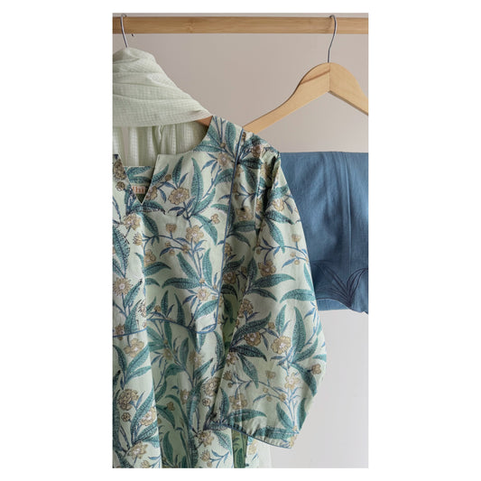Pastel Green and Blue Hand block Printed Set