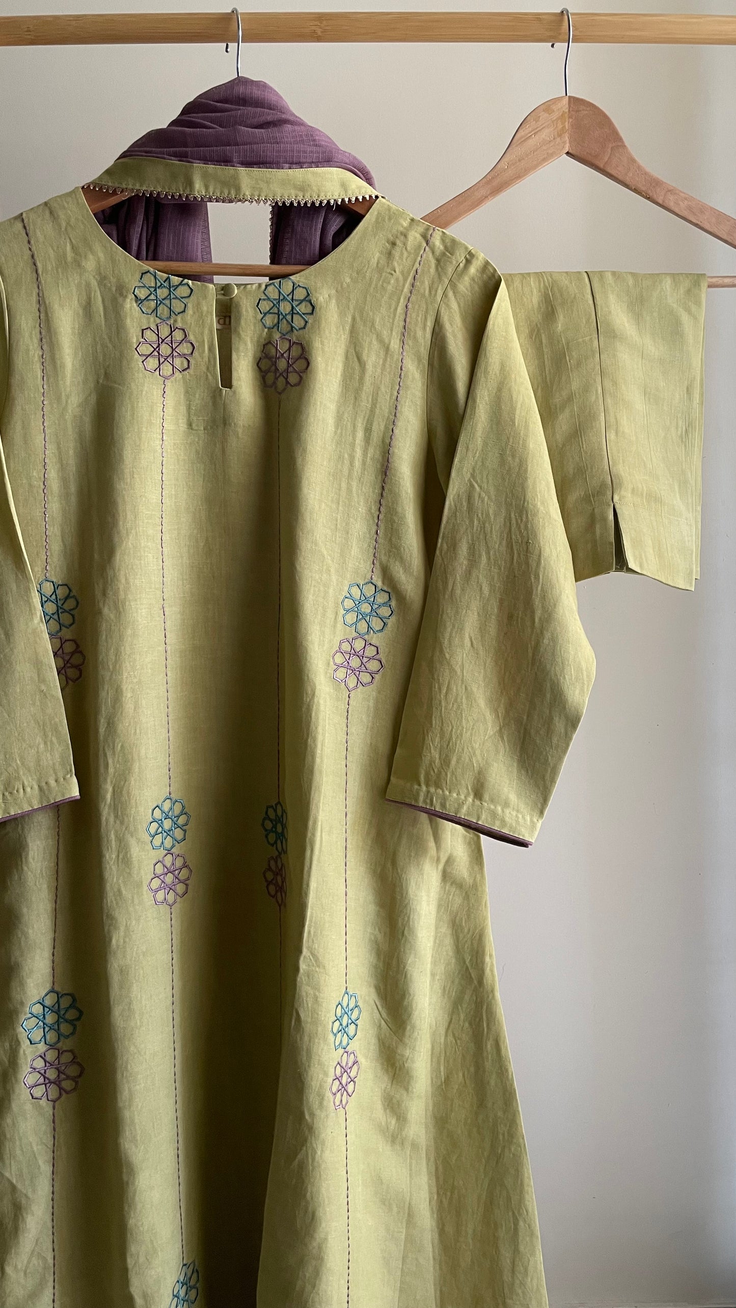 The Sage Green Embroidery Kurta Suit with Lavender dupatta