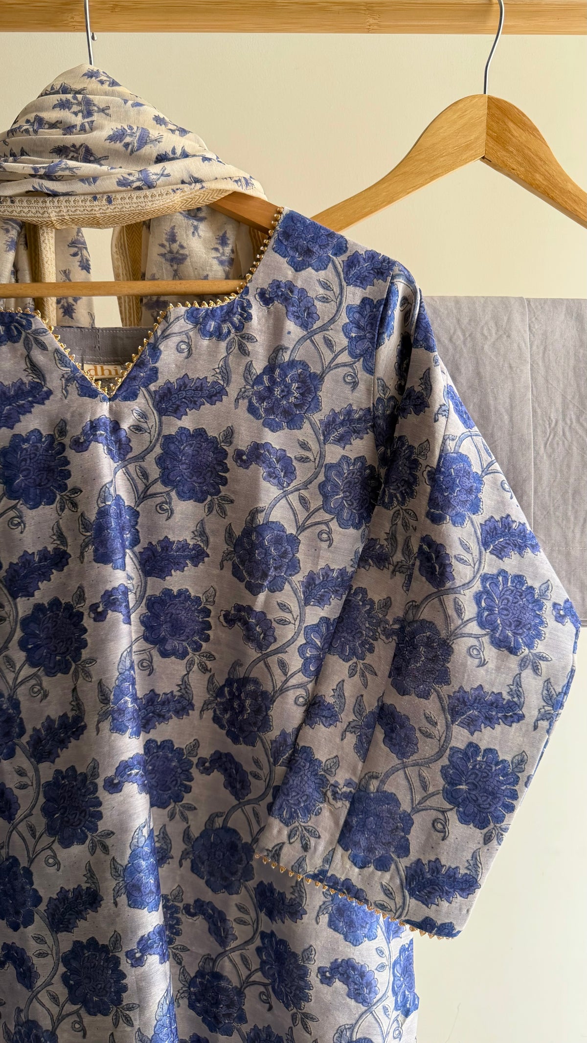 Dusty Blue Handblock Printed Maheshwari Silk Set