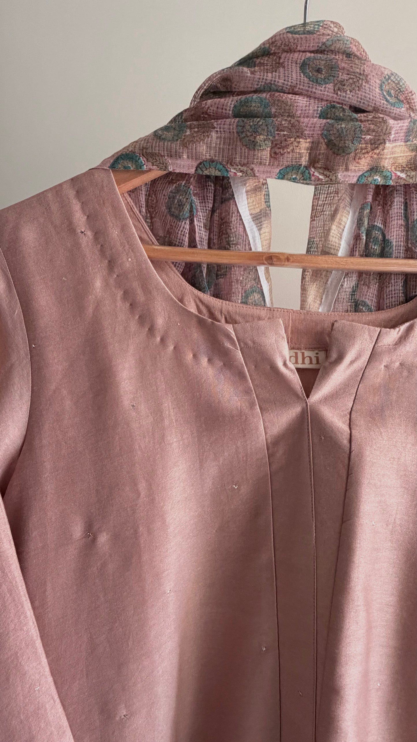 Dusty Rose Mukaish Chanderi Kurta Set with Hand-Block Print Dupatta
