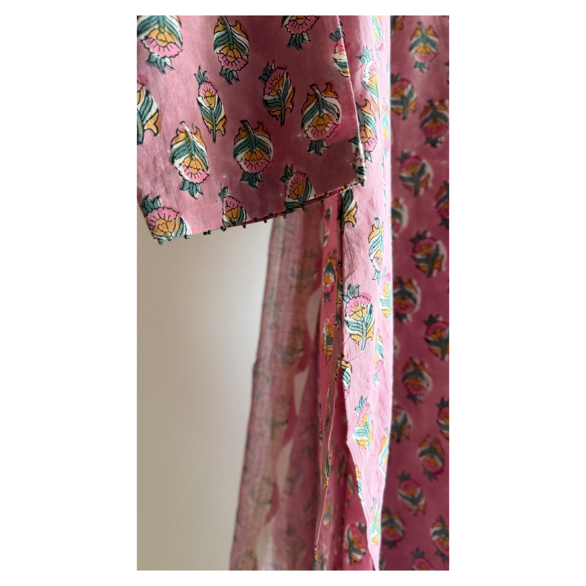Mauve Butti & Green Stripe Hand block Printed Set