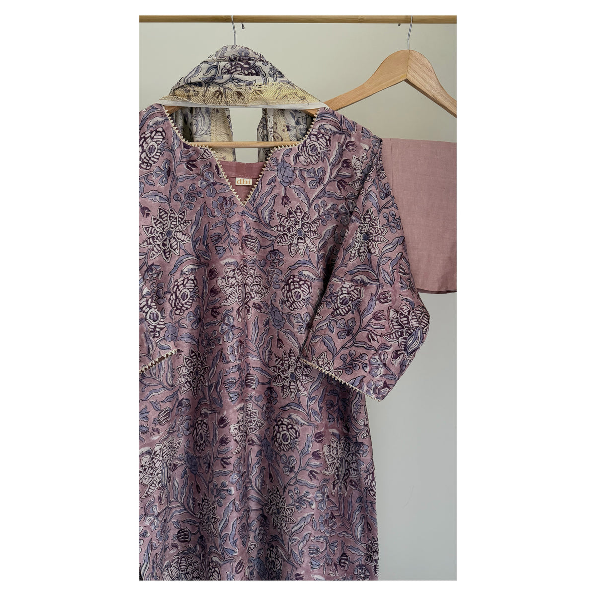 Mauve Handblock Printed Maheshwari Silk Set