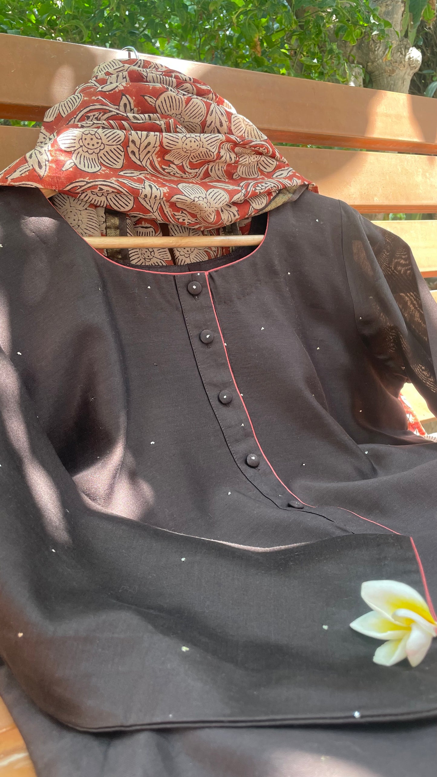 Black Coffee Mukaish Chanderi Kurta Set | Ajrakh Dupatta