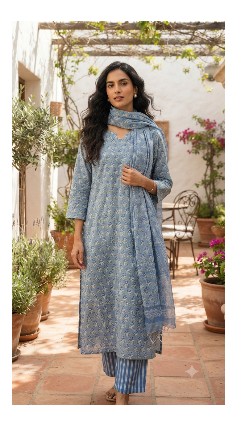 Blue Butti & Blue Stripe Hand block Printed Set