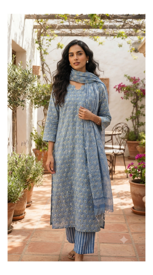 Blue Butti & Blue Stripe Hand block Printed Set