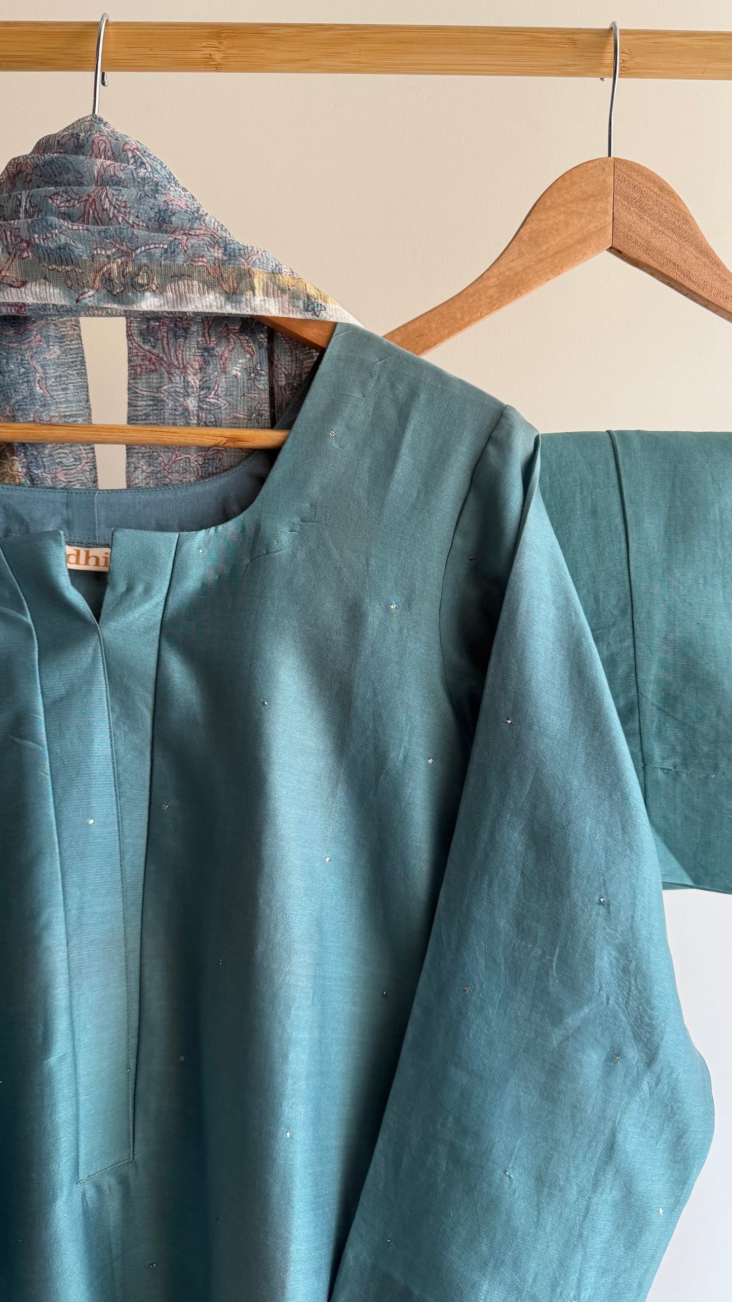 Turquoise Mukaish Chanderi Kurta Set with Hand-Block Print Dupatta