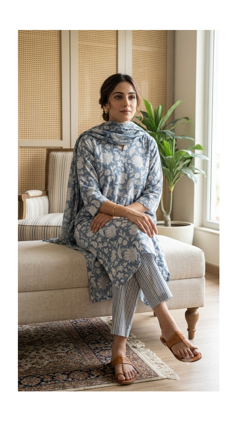 Butti & Stripe Hand block Printed Set
