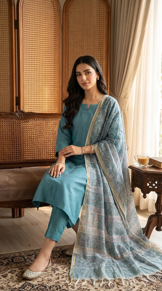 Turquoise Mukaish Chanderi Kurta Set with Hand-Block Print Dupatta