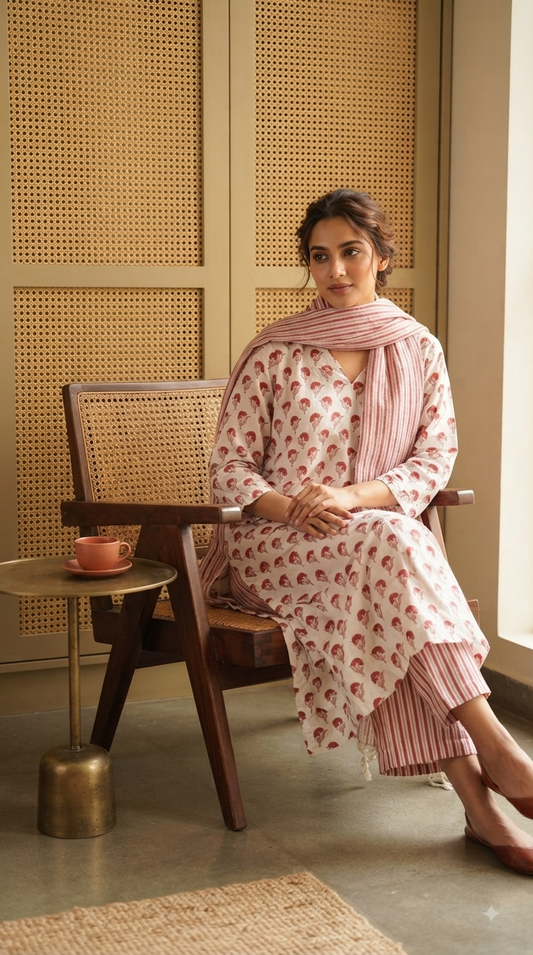 Butti & Red Stripe Hand block Printed Set