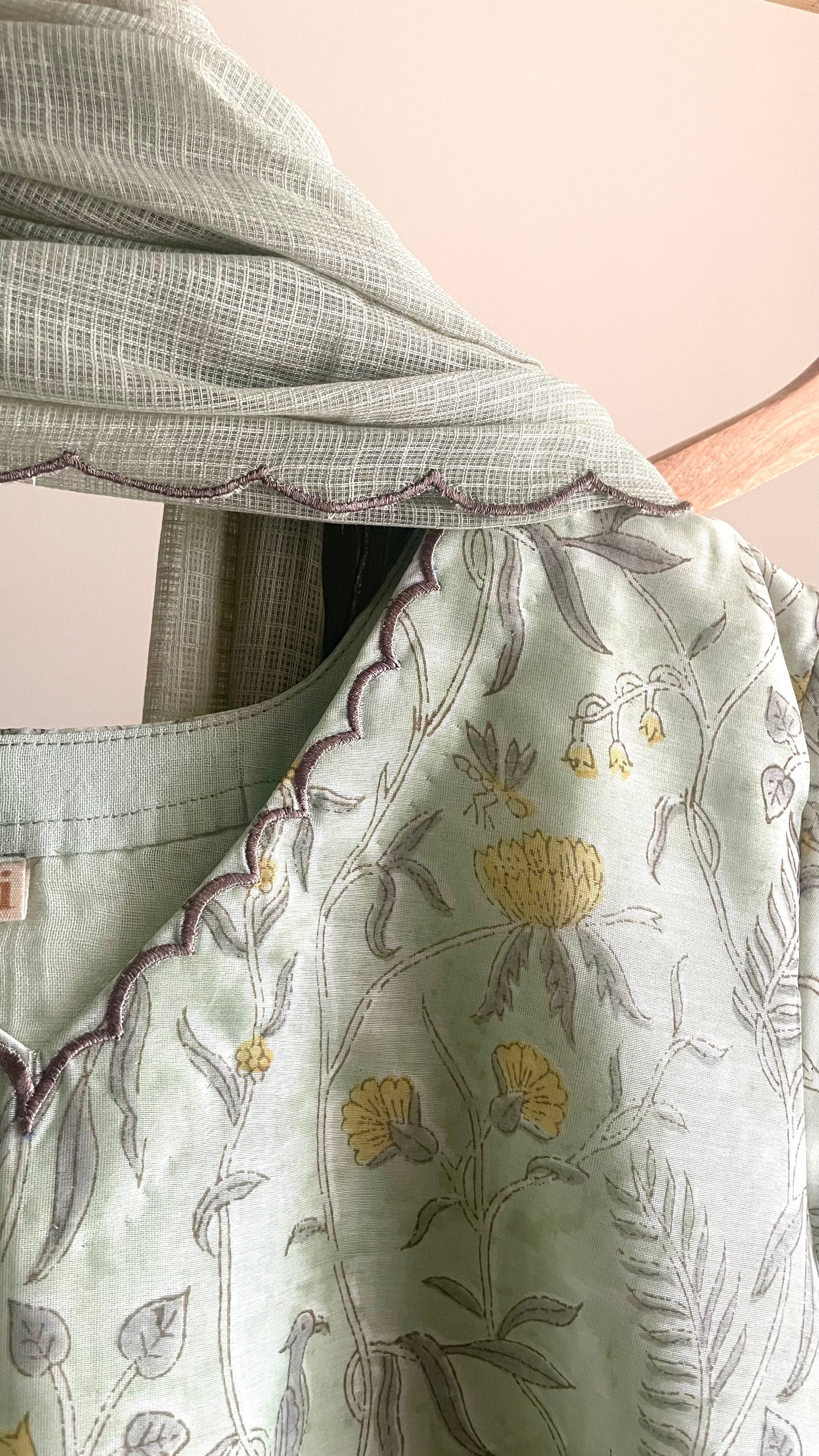 Fog Green Handblock Printed Chanderi