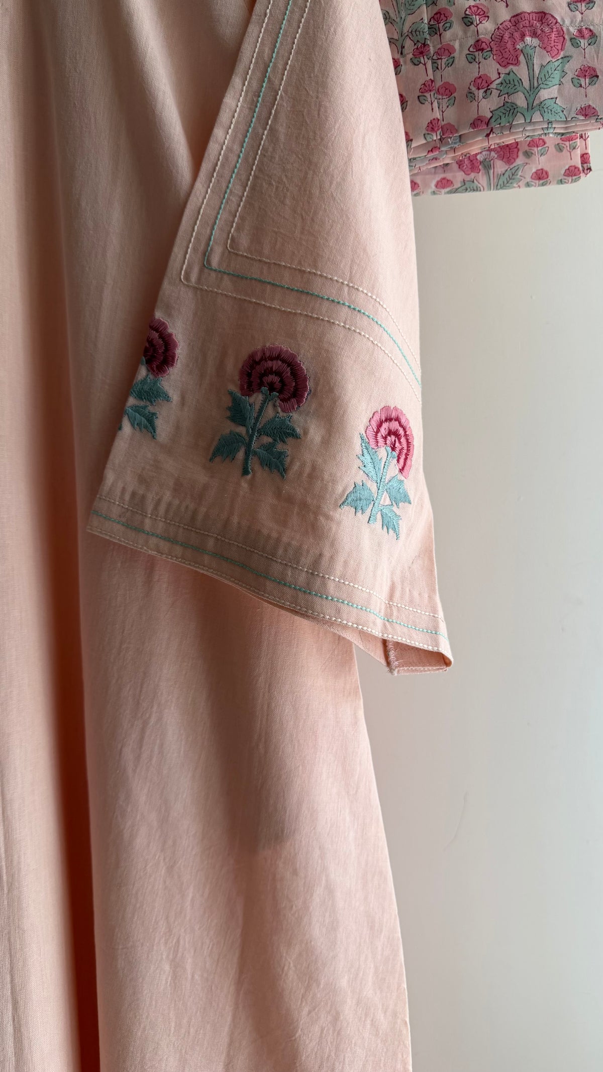 Blush Bloom A-line bell sleeve Set with Handblock Printed wide-leg Pant