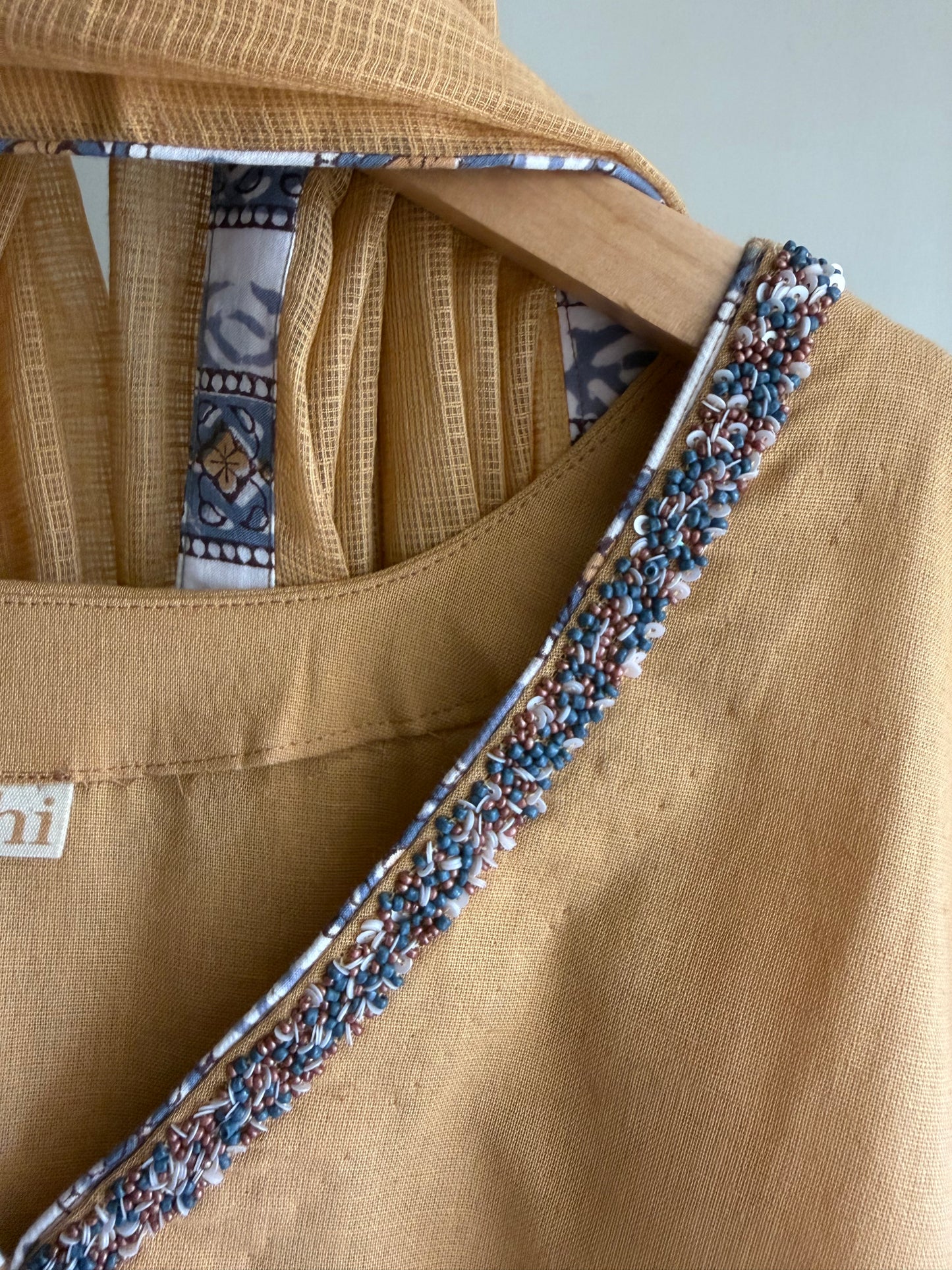 Mustard Yellow Gathered Tunic Set with Handblock Printed Pant