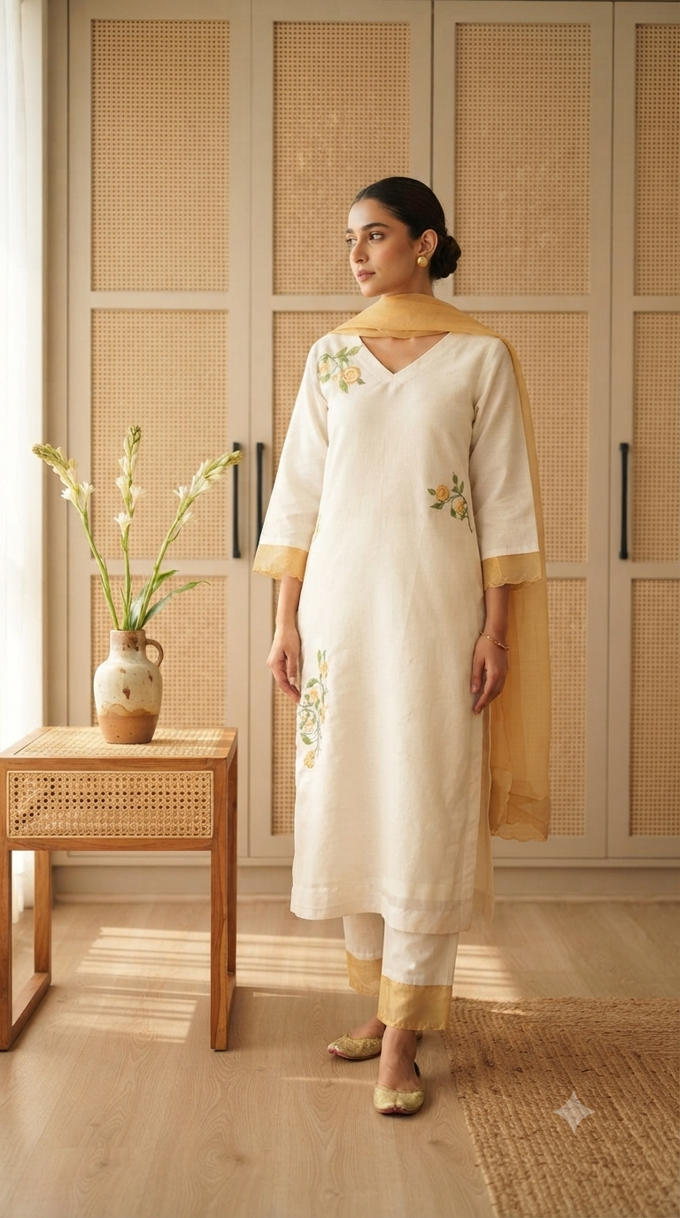 Marigold & Ivory Mukaish Chanderi Kurta Set