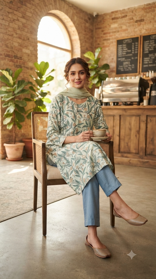 Pastel Green and Blue Hand block Printed Set
