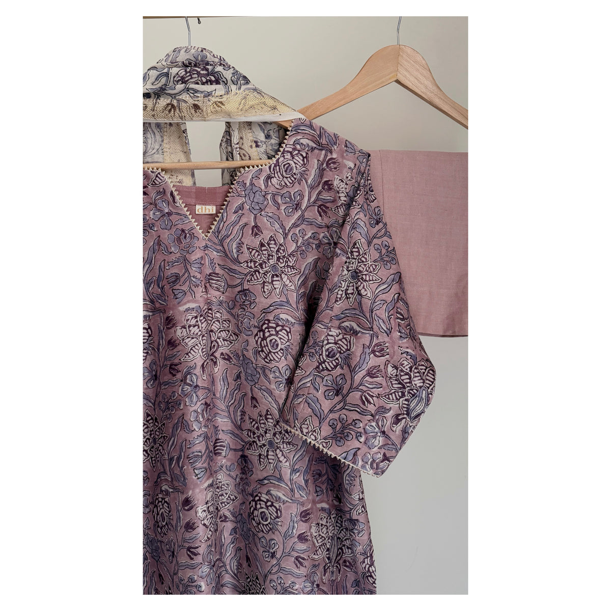 Mauve Handblock Printed Maheshwari Silk Set