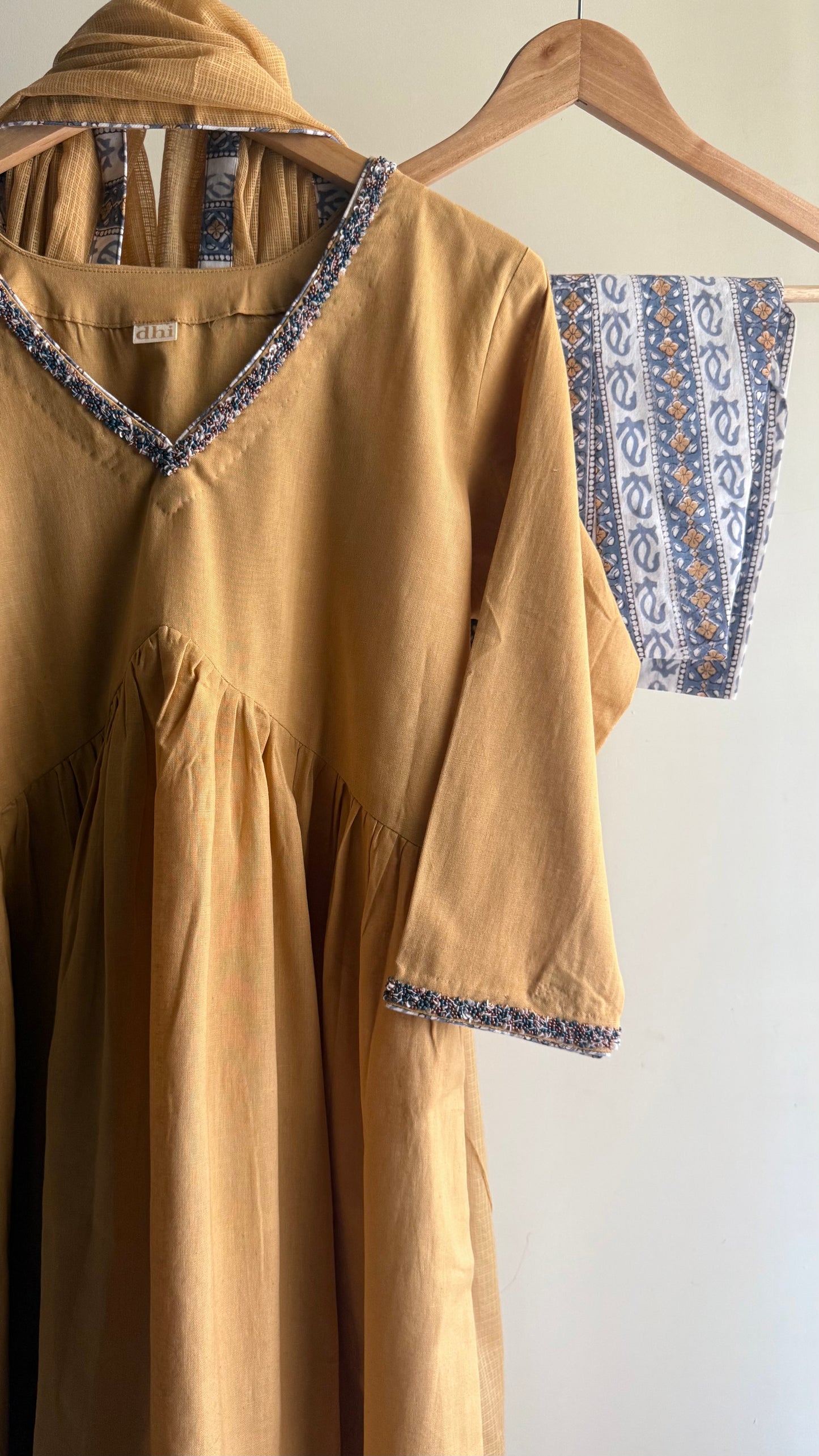 Mustard Yellow Gathered Tunic Set with Handblock Printed Pant