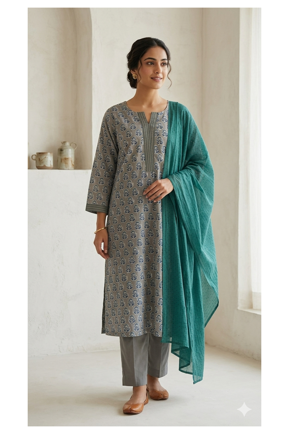 The Grey and Teal Flora HandBlock-Print Kurta Set