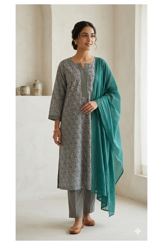 The Grey and Teal Flora HandBlock-Print Kurta Set