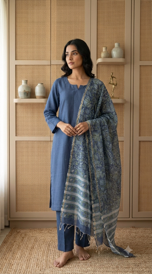 Midnight Blue Mukaish Chanderi Kurta Set with Hand-Block Print Dupatta