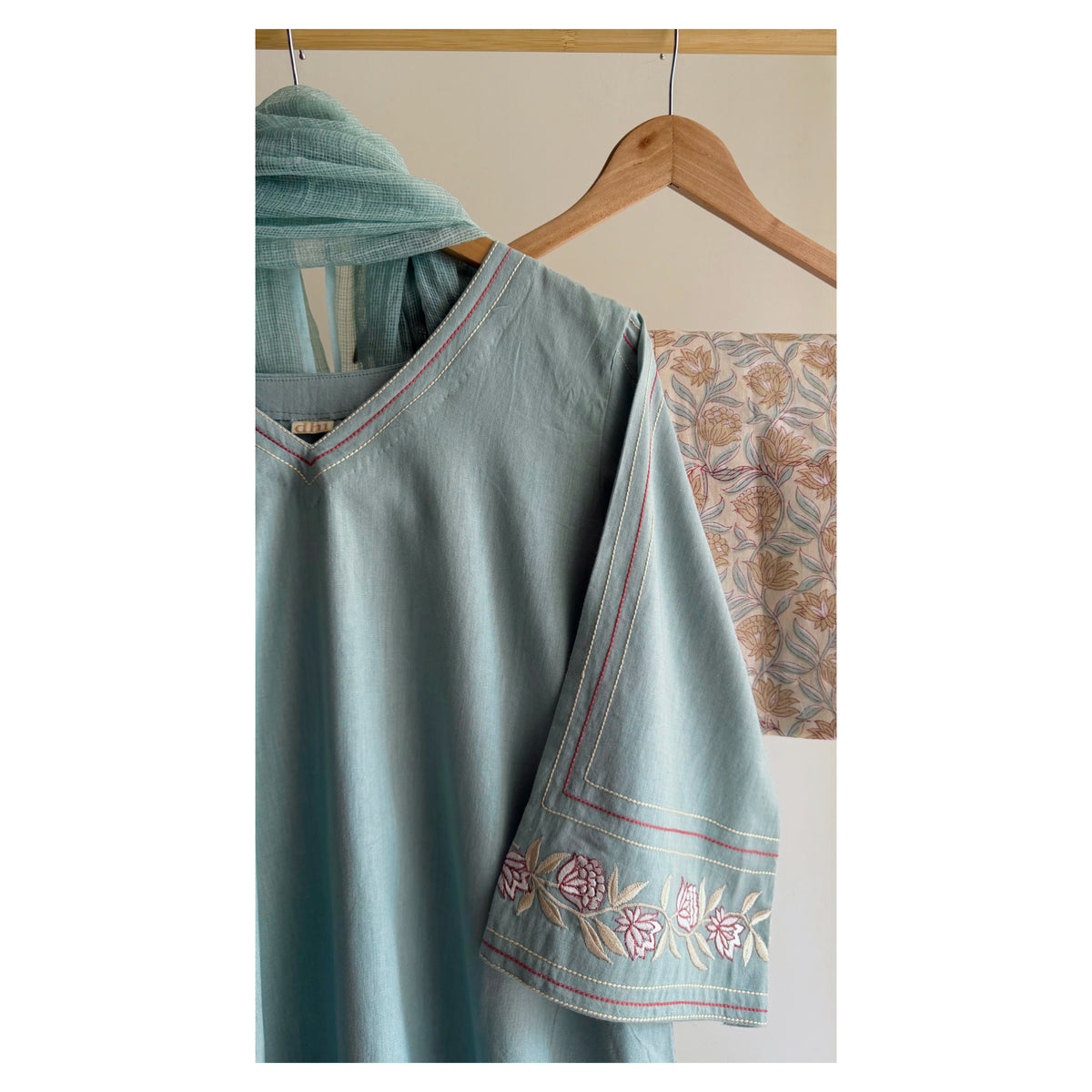 Aqua A-line bell sleeve Set with Handblock Printed wide-leg Pant