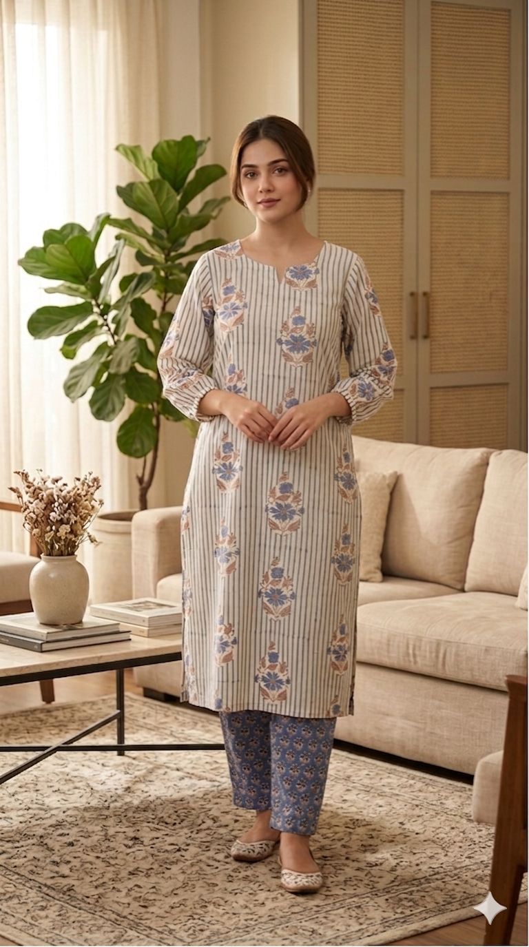 Indigo & Cream Hand-Block Printed Suit Set