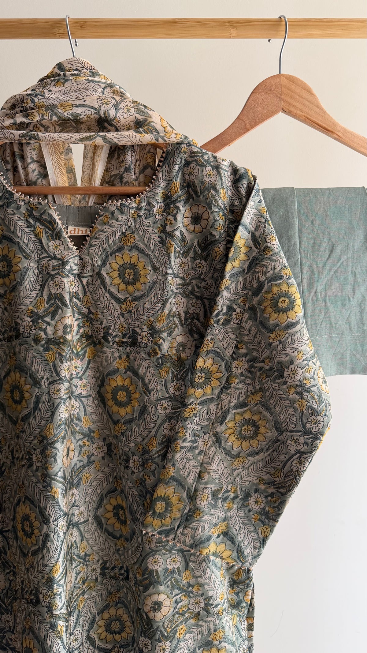 Sage Green Handblock Printed Maheshwari Silk Set