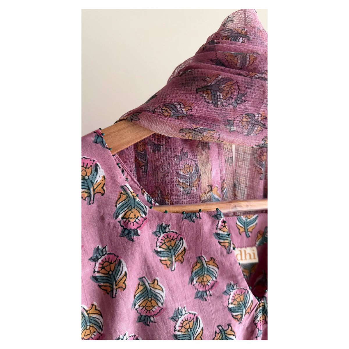 Mauve Butti & Green Stripe Hand block Printed Set