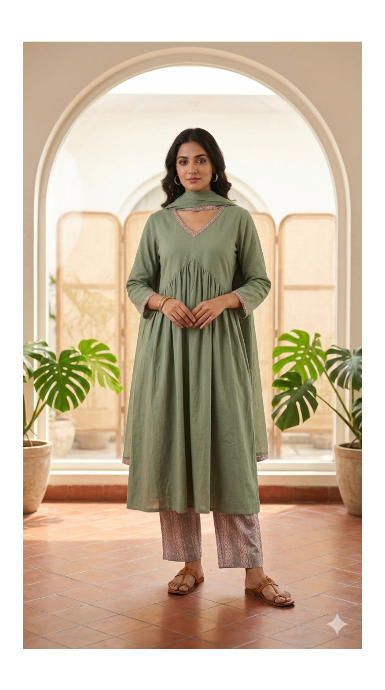 Sage Green Gathered Tunic Set with Handblock Printed Pant