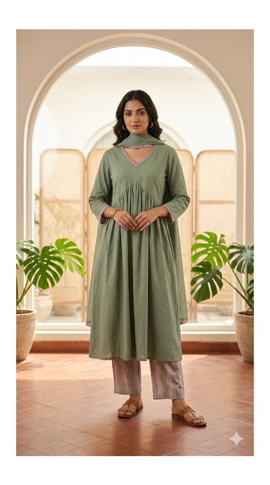 Sage Green Gathered Tunic Set with Handblock Printed Pant