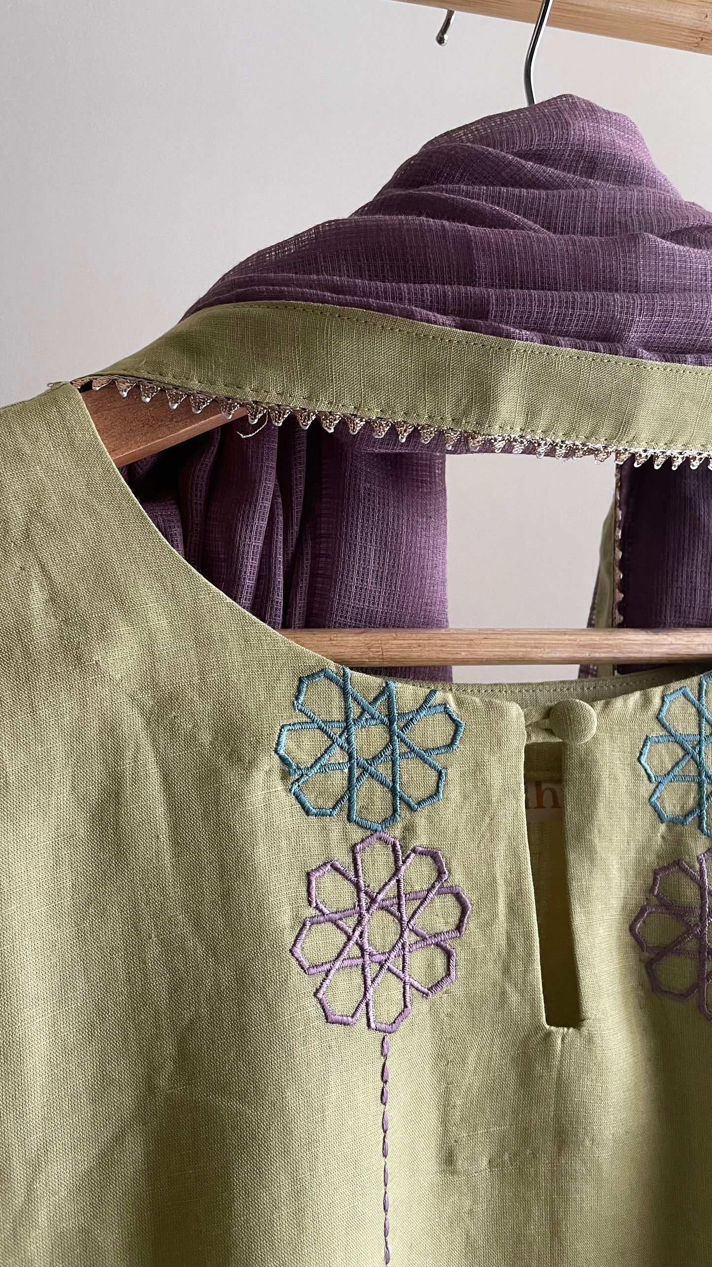 The Sage Green Embroidery Kurta Suit with Lavender dupatta