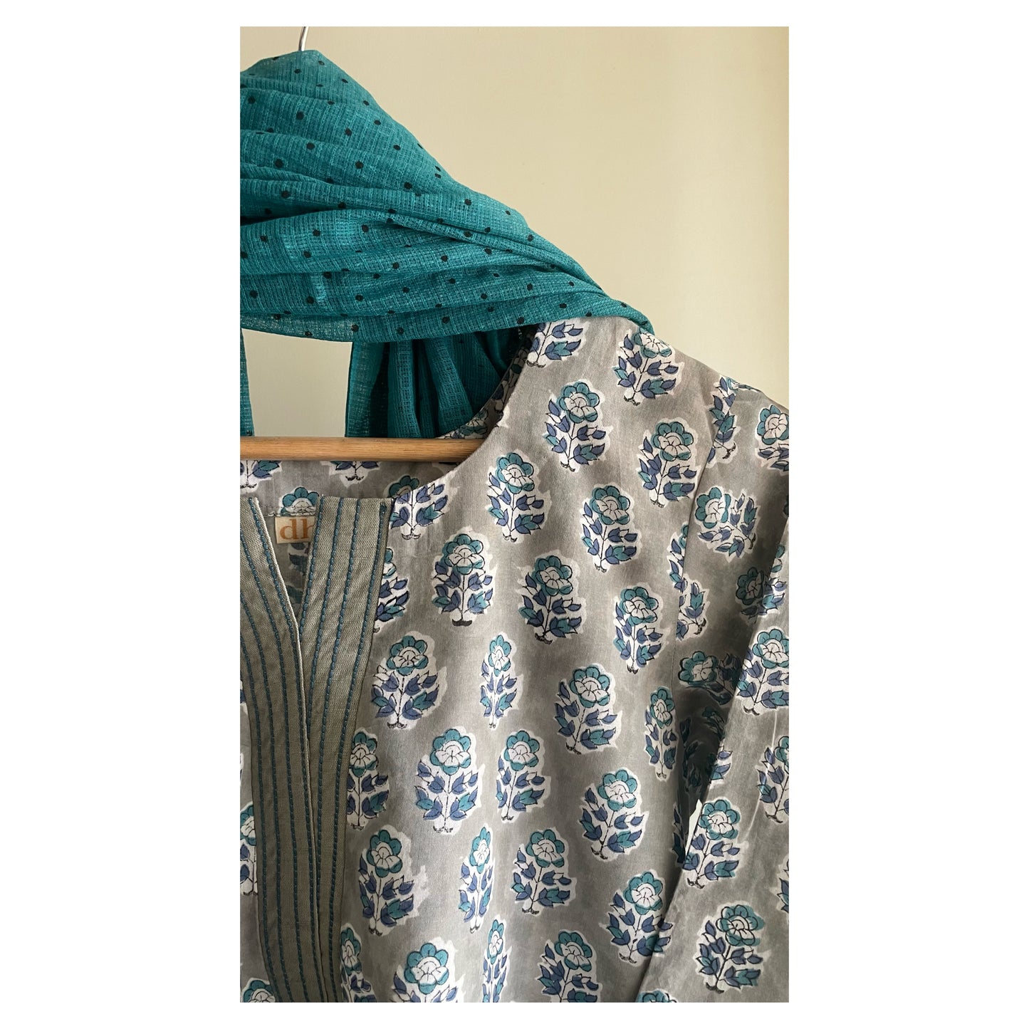 The Grey and Teal Flora HandBlock-Print Kurta Set