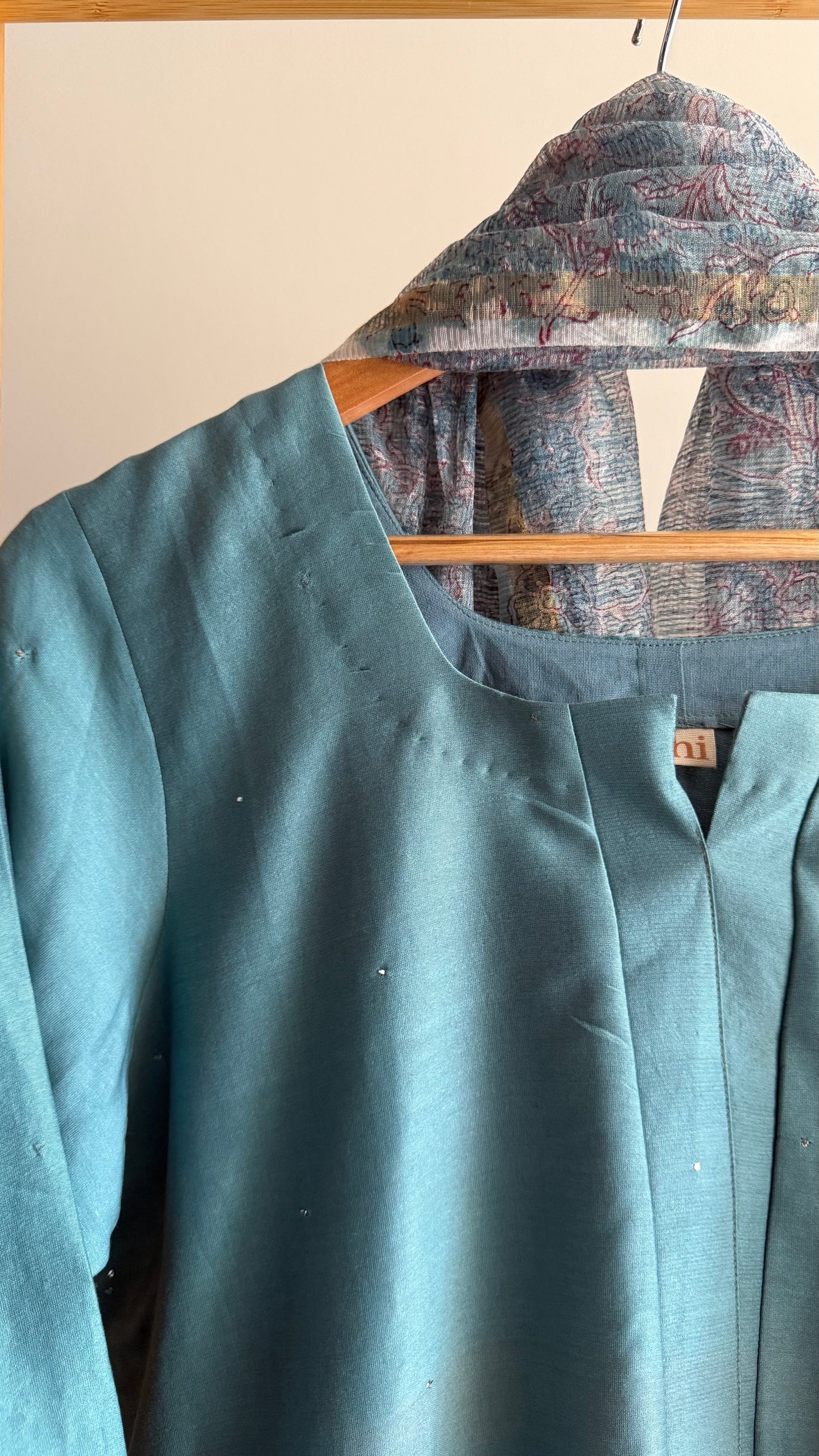 Turquoise Mukaish Chanderi Kurta Set with Hand-Block Print Dupatta