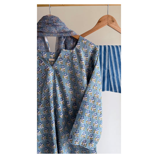 Blue Butti & Blue Stripe Hand block Printed Set