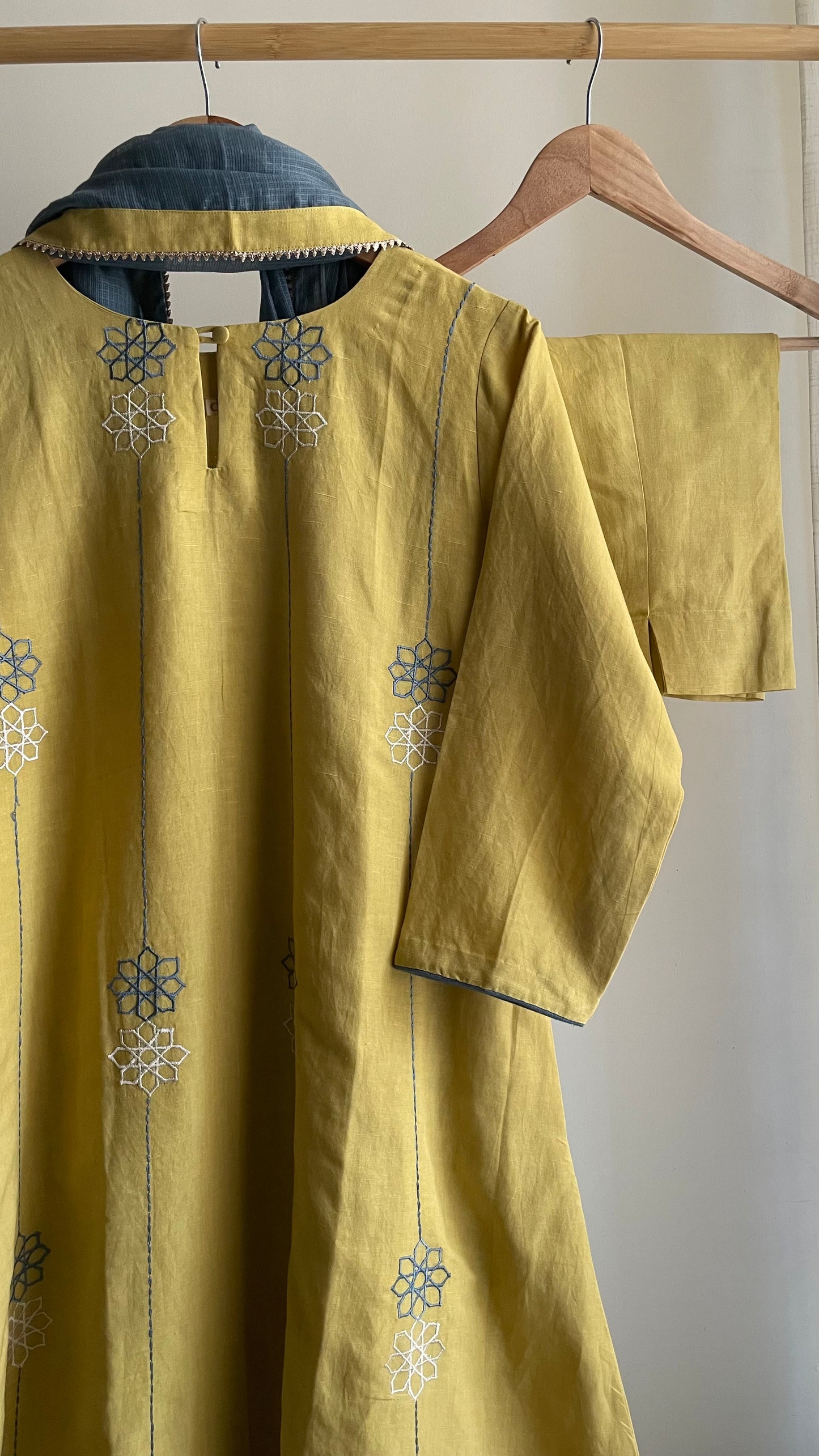 The Pastel Yellow Embroidery Kurta Suit with Slate Blue dupatta