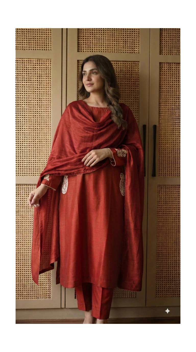 Rich Red Embroidered A-line Chanderi Set