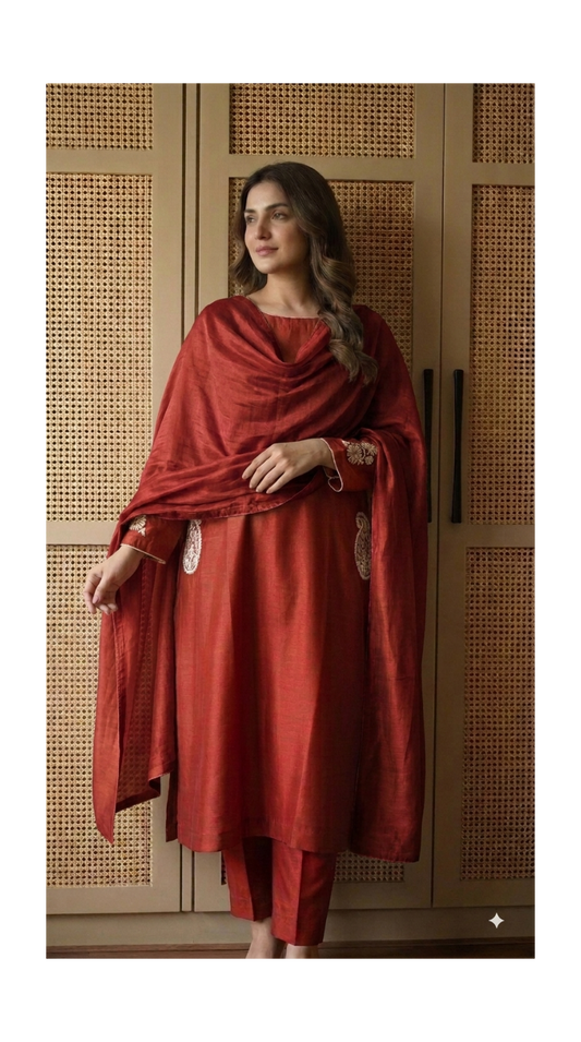 Rich Red Embroidered A-line Chanderi Set
