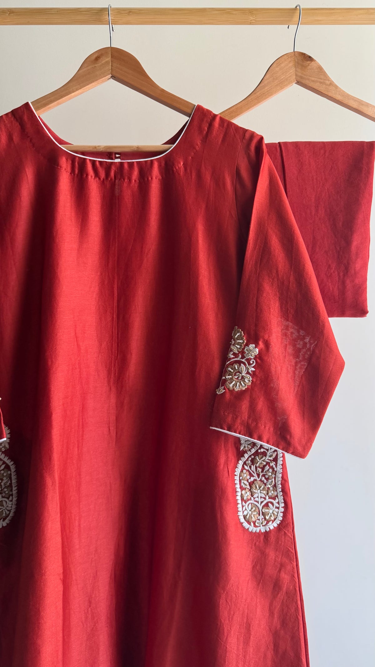 Rich Red Embroidered A-line Chanderi Set
