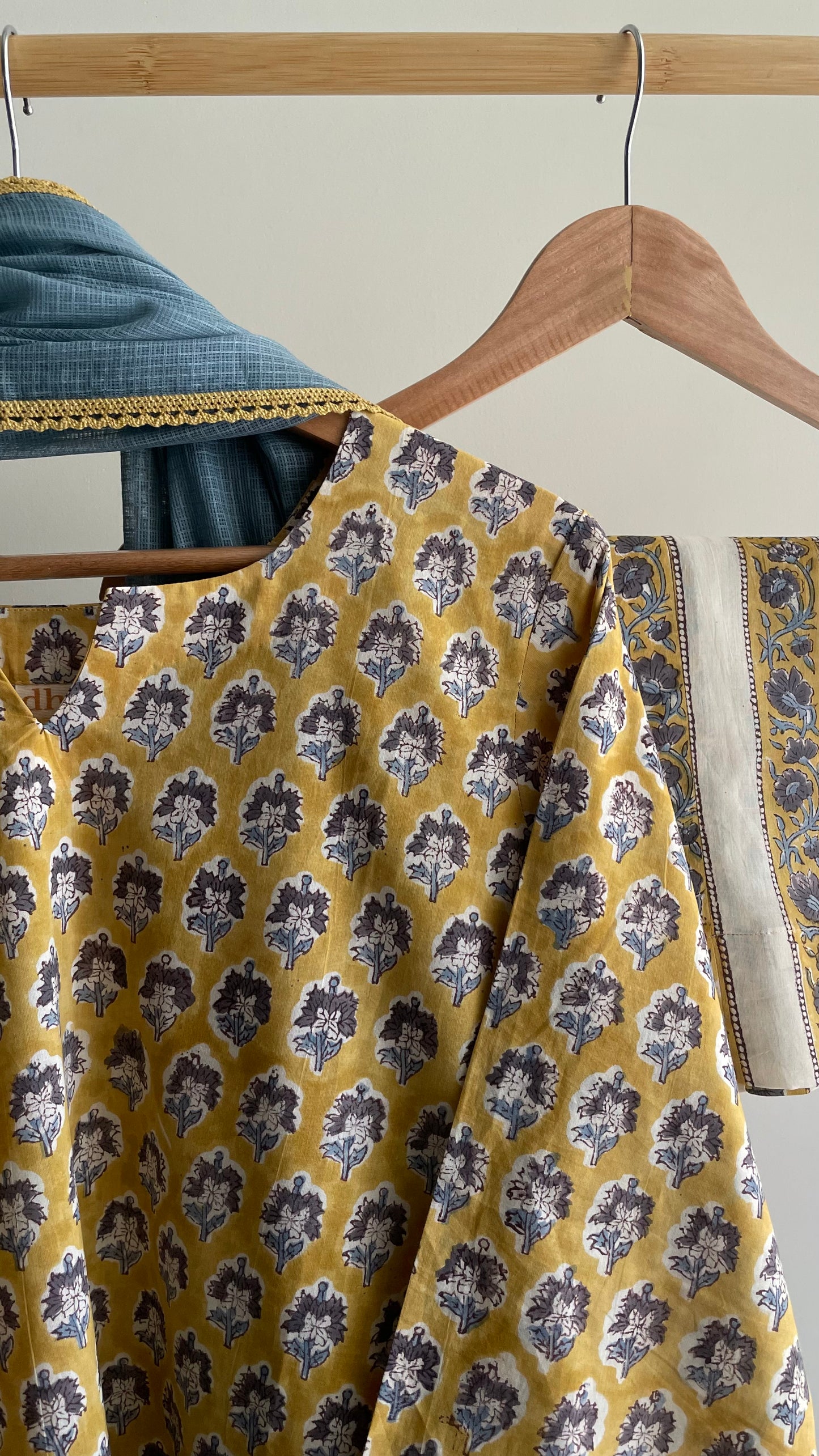 Mustard Yellow Hand-Block Printed Cotton Kurta Set with Slate Blue Dupatta