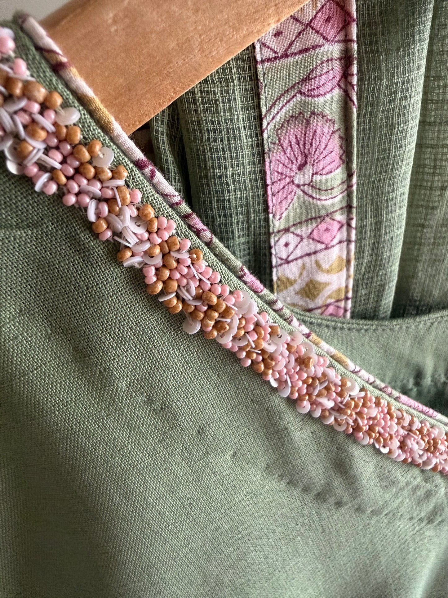 Sage Green Gathered Tunic Set with Handblock Printed Pant