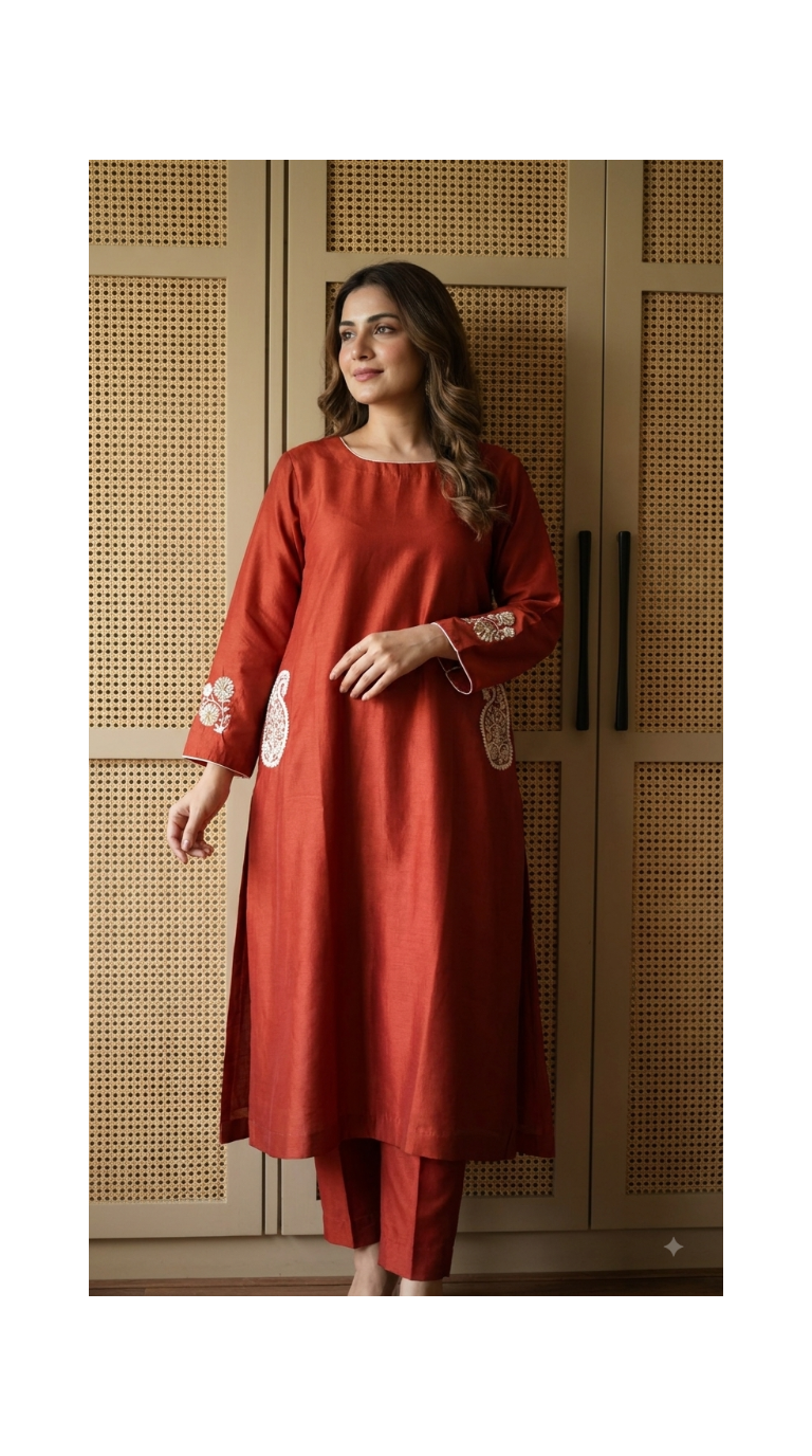 Rich Red Embroidered A-line Chanderi Set