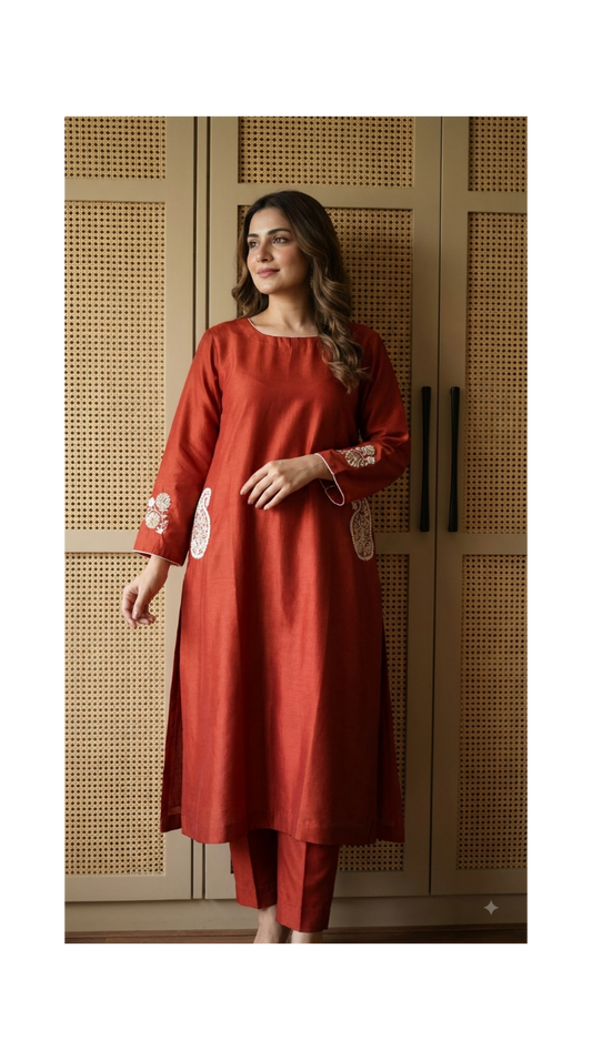 Rich Red Embroidered A-line Chanderi Set