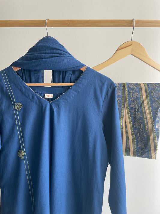 Cobalt Blue Cotton Suit with Thread Embroidery