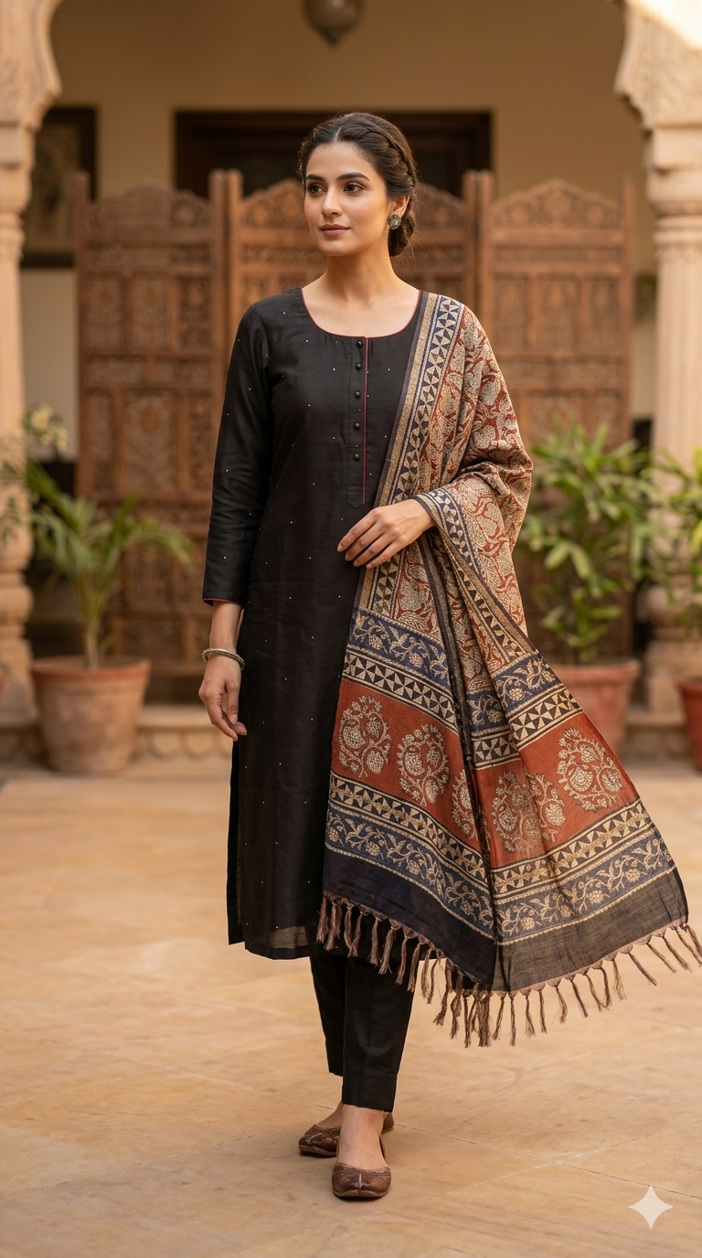 Black Coffee Mukaish Chanderi Kurta Set | Ajrakh Dupatta