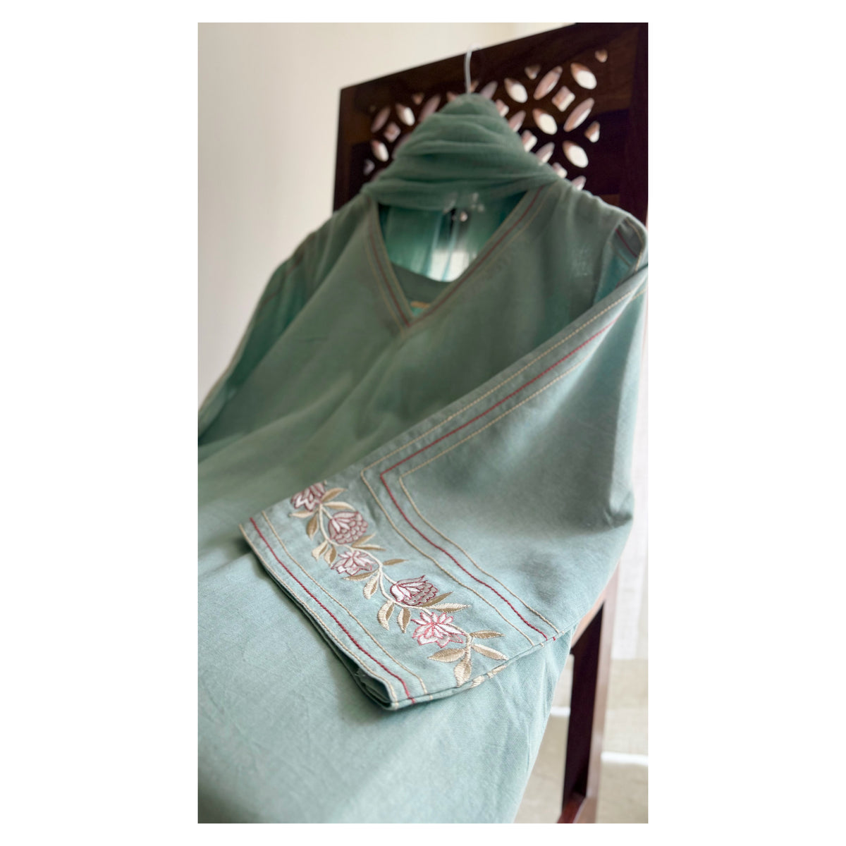 Aqua A-line bell sleeve Set with Handblock Printed wide-leg Pant